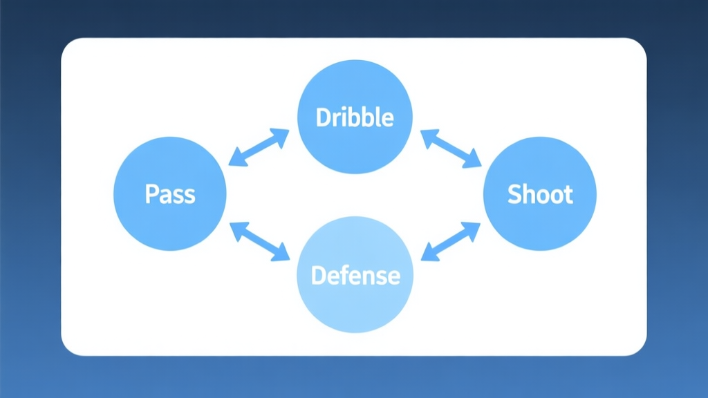 Simple flowchart illustration with connected circles and arrows labeled "Dribble", "Pass", "Shoot", "Defense", light blue and white color scheme, clean minimal design, business presentation style high quality illustration, detailed, 16:9