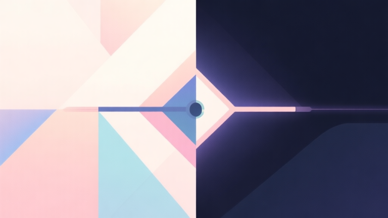 自动生成图片: Abstract geometric composition with two contrasting halves, one light and one dark, connected by a central axis, soft pastel colors, modern minimal style, professional game concept illustration high quality illustration, detailed, 16:9