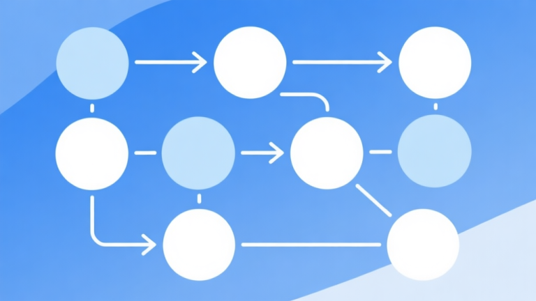自动生成图片: Simple flowchart illustration with connected circles and arrows, light blue and white color scheme, clean minimal design, business presentation style high quality illustration, detailed, 16:9
