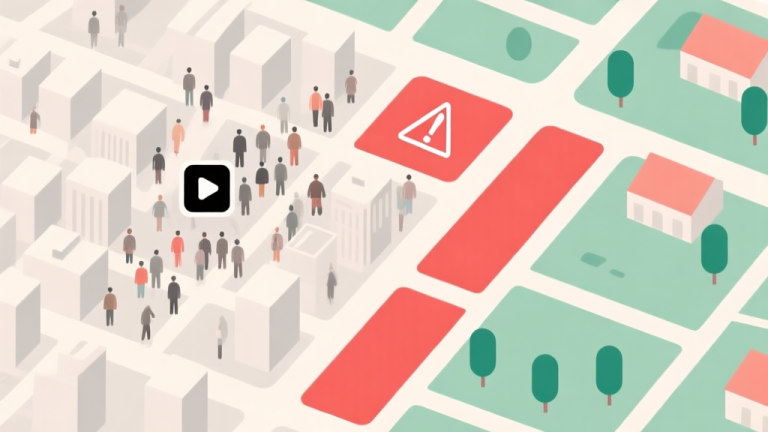 自动生成图片: A top-down minimalist map illustration showing a player icon in a crowded urban zone versus a safer suburban area, with danger zones highlighted in red, clean lines, soft color palette, strategic game planning concept high quality illustration, detailed, 16:9