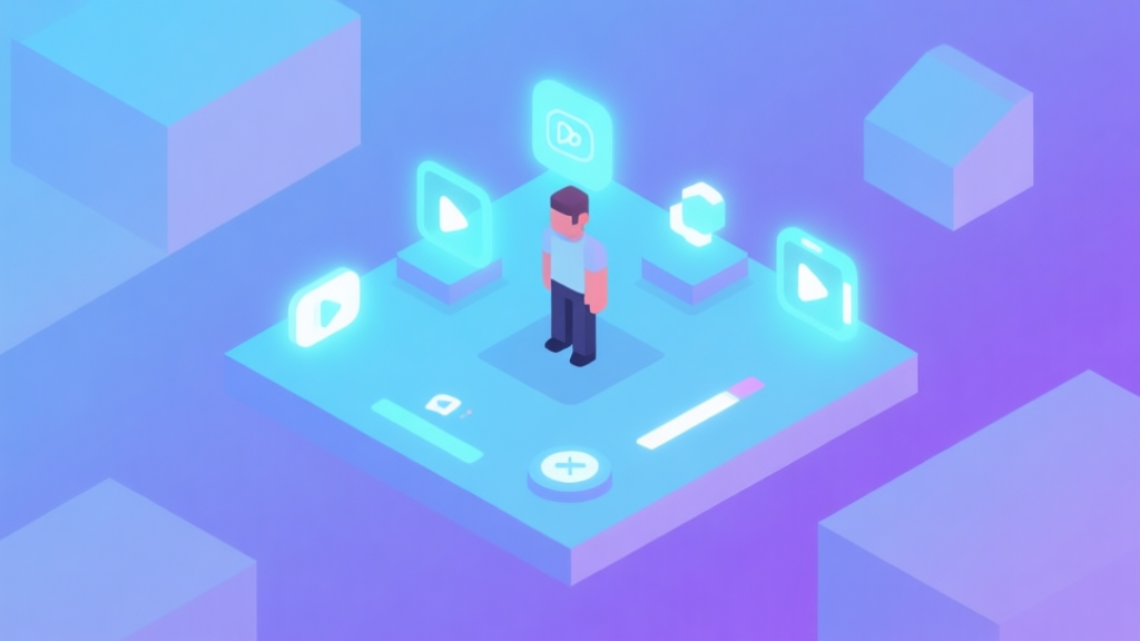 A clean, minimalist isometric illustration of a video game interface with glowing icons and a central character, soft blue and purple gradient background, geometric shapes representing game elements, digital art style high quality illustration, detailed, 16:9