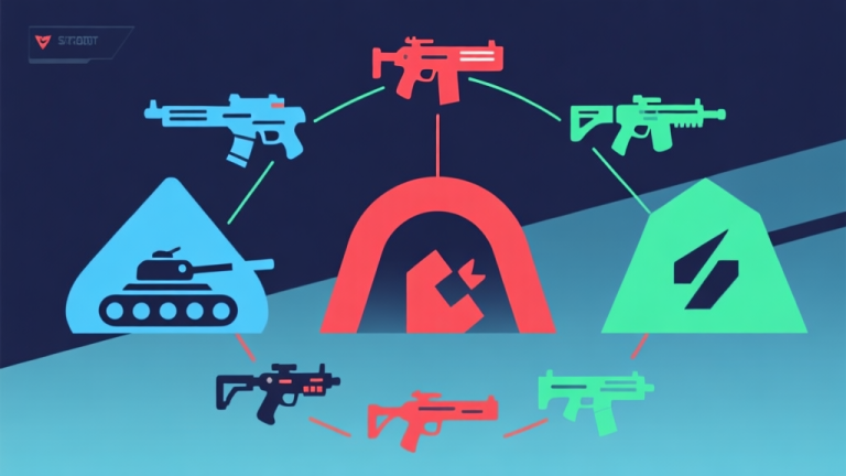 自动生成图片: Abstract geometric composition showing three distinct archetypes (tank, damage, support) connected by lines to various weapon icons, soft gaming-themed color scheme (blues, reds, greens), clean esports illustration style, minimalist UI elements high quality illustration, detailed, 16:9