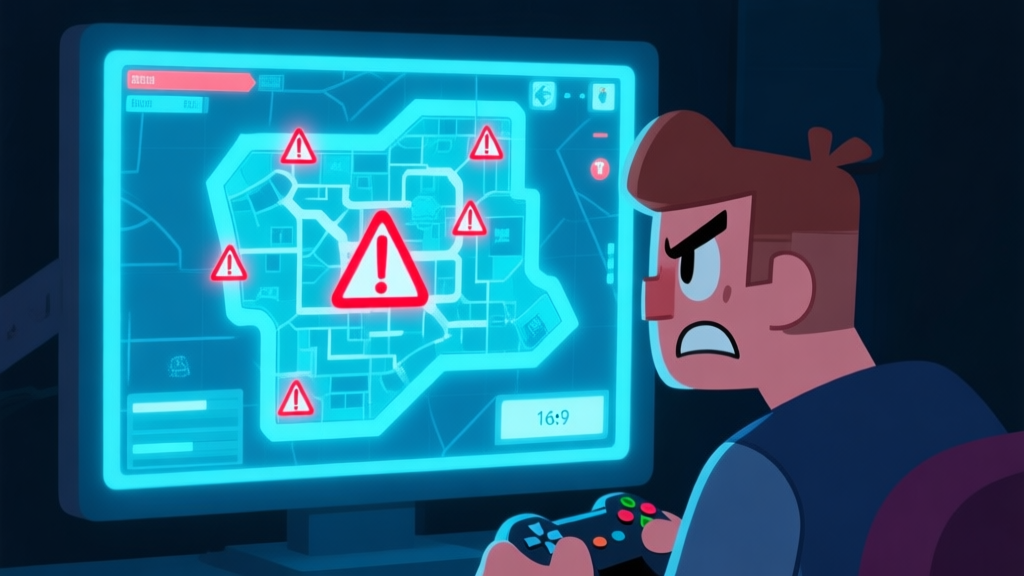 A frustrated video game character looking at a complex, glowing strategy map on a screen, with red warning symbols highlighting dead ends, minimalist game UI style, soft blue and dark background high quality illustration, detailed, 16:9