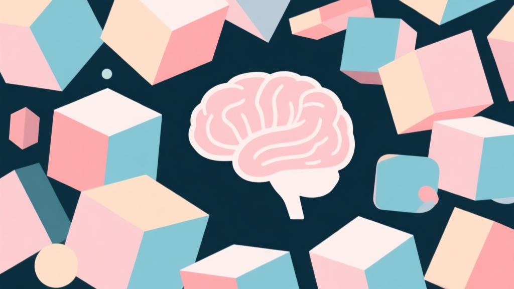 Abstract geometric composition showing a chaotic but playful arrangement of cubes and shapes, blending with simple brain silhouette, soft pastel colors, modern minimal style, representing internet meme culture high quality illustration, detailed, 16:9