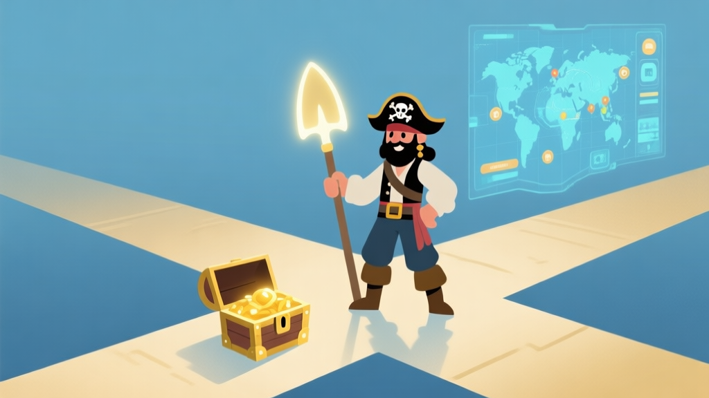 A stylized, minimalist illustration of a pirate character holding a glowing shovel, standing at a crossroads between a treasure chest and a digital game world map, soft blue and gold color scheme, clean lines, digital art style high quality illustration, detailed, 16:9