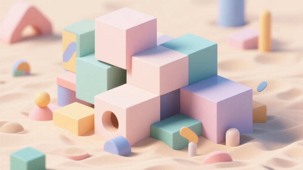 Abstract geometric composition with overlapping cubes and playful elements, soft pastel colors, modern minimal style, representing creative chaos and fun in sandbox games high quality illustration, detailed, 16:9