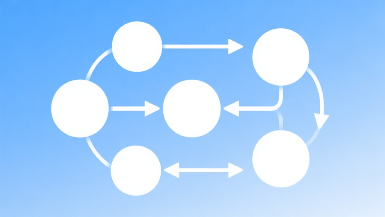 自动生成图片: Simple flowchart illustration with connected circles and arrows, light blue and white color scheme, clean minimal design, business presentation style high quality illustration, detailed, 16:9