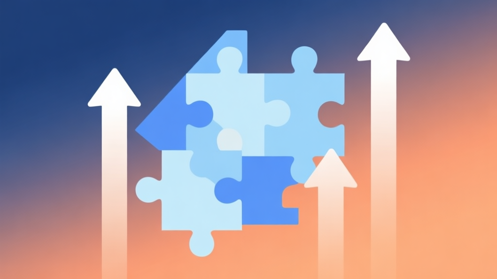 Abstract geometric composition with overlapping puzzle pieces and upward arrows, soft blue and orange gradient, clean minimal design, game strategy concept illustration high quality illustration, detailed, 16:9