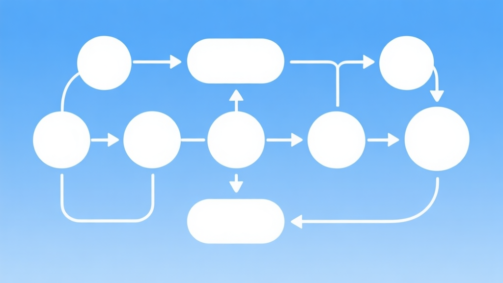 Simple flowchart illustration with connected circles and arrows, light blue and white color scheme, clean minimal design, business presentation style high quality illustration, detailed, 16:9