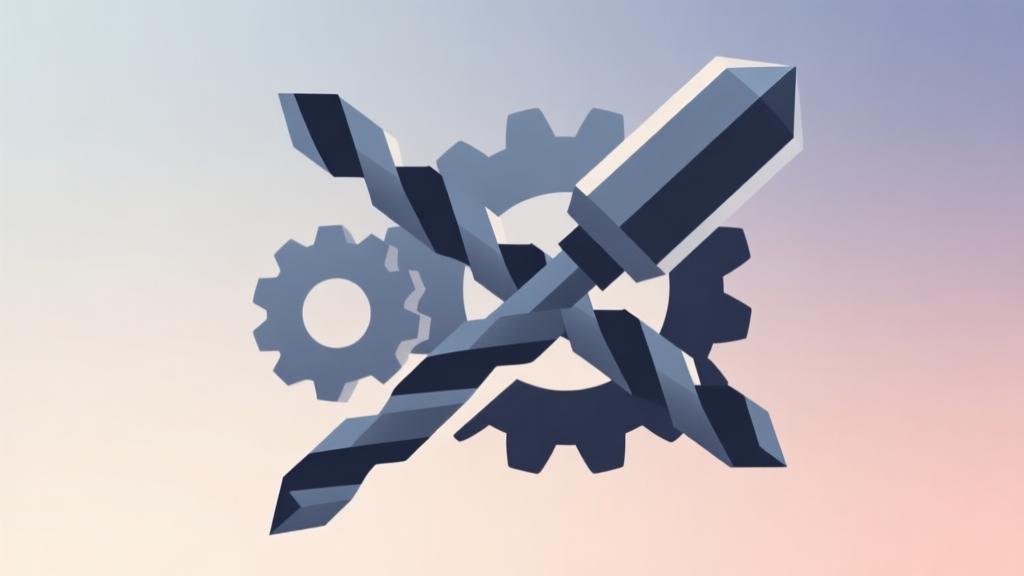 Abstract geometric composition with overlapping drill bits and gears, soft gradient background, clean minimalist design, professional game concept illustration high quality illustration, detailed, 16:9