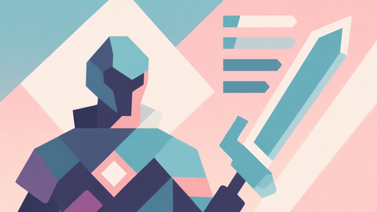 自动生成图片: Abstract geometric composition with overlapping shapes representing character and weapon stats, soft pastel colors, modern minimal style, professional game concept illustration high quality illustration, detailed, 16:9