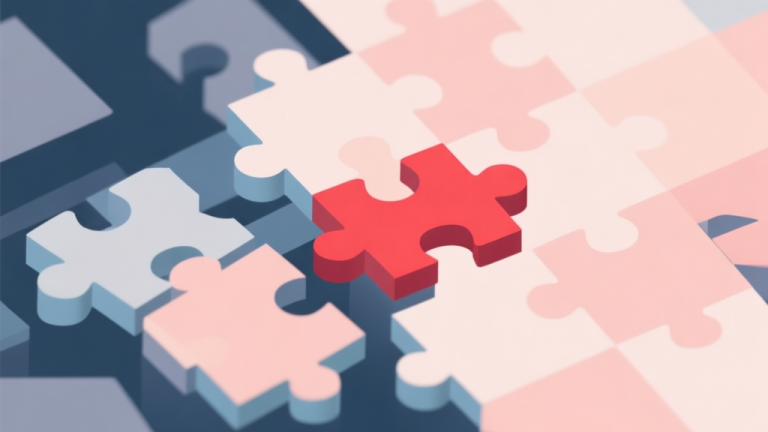 自动生成图片: Abstract geometric composition with overlapping puzzle pieces, some pieces highlighted in red to show difficulty, soft pastel colors, modern minimal style, professional game concept illustration high quality illustration, detailed, 16:9