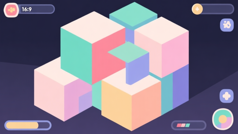 自动生成图片: Abstract geometric composition with overlapping colorful cubes and simple game UI elements, soft pastel colors, modern minimal style, professional game concept illustration high quality illustration, detailed, 16:9