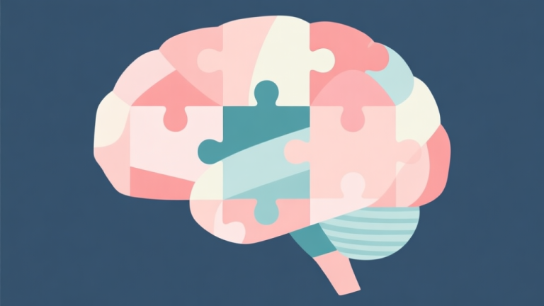 自动生成图片: Abstract geometric composition with overlapping puzzle pieces forming a brain shape, soft pastel colors, modern minimal style, professional psychology concept illustration high quality illustration, detailed, 16:9