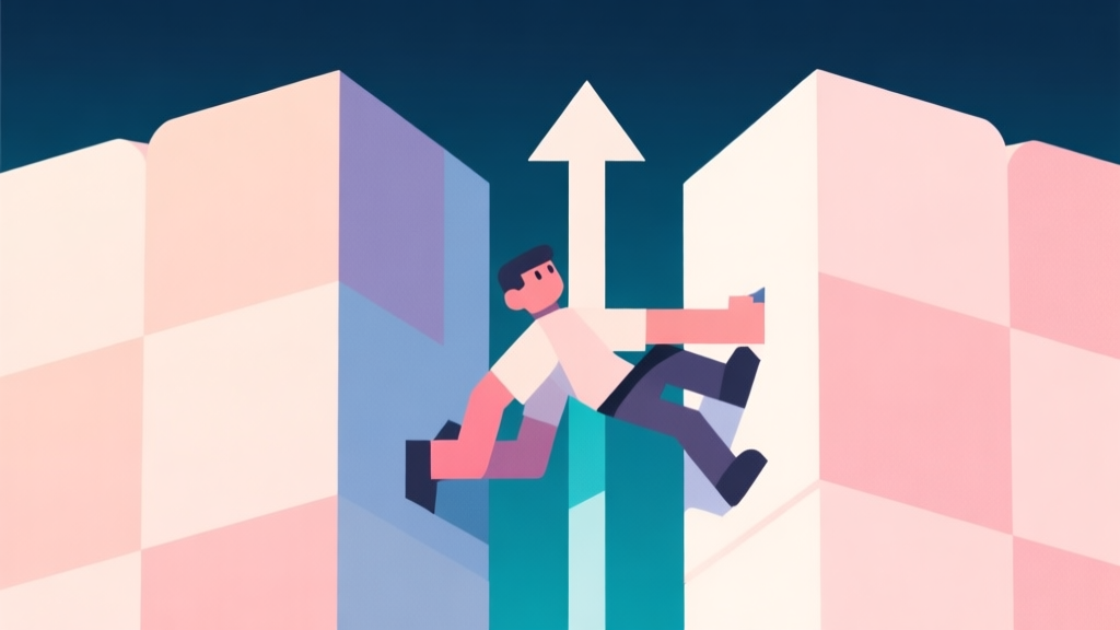 Abstract geometric composition showing a character stuck between two large blocks, with an upward arrow blocked, soft pastel colors, modern minimal style, game concept illustration high quality illustration, detailed, 16:9