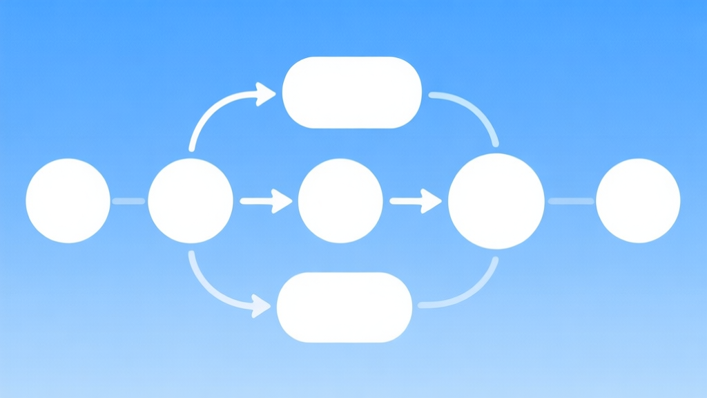 Simple flowchart illustration with connected circles and arrows, light blue and white color scheme, clean minimal design, business presentation style high quality illustration, detailed, 16:9