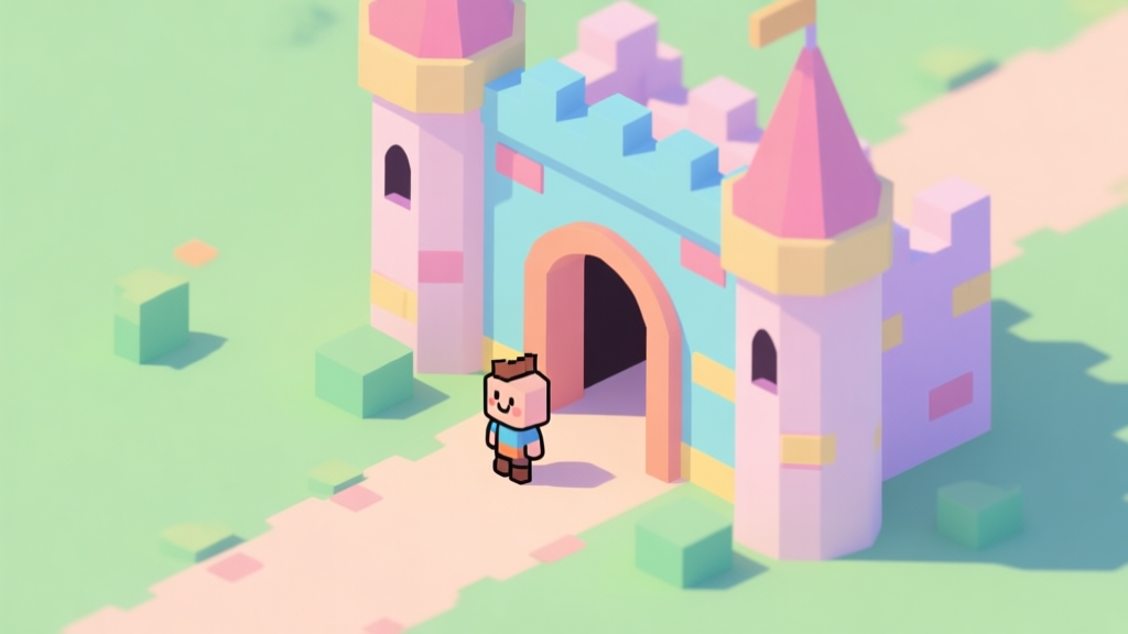 Simple isometric view of a colorful castle entrance with a small character standing before it, soft pastel colors, clean lines, inviting and friendly video game illustration, minimalist style high quality illustration, detailed, 16:9
