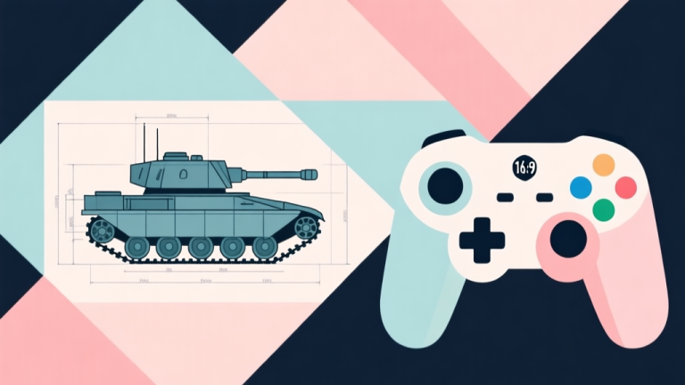 自动生成图片: Abstract geometric composition with overlapping shapes representing a tank blueprint and game controller, soft pastel colors, modern minimal style, professional gaming concept illustration high quality illustration, detailed, 16:9