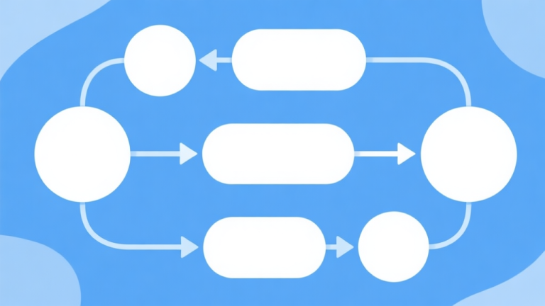 自动生成图片: Simple flowchart illustration with connected circles and arrows, light blue and white color scheme, clean minimal design, business presentation style high quality illustration, detailed, 16:9
