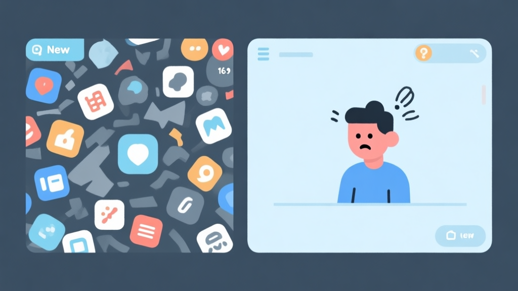 A split-screen scene showing a chaotic game interface on one side with many icons and a confused new player on the other, in a minimalist flat design with soft blues and grays high quality illustration, detailed, 16:9