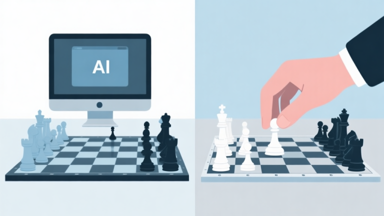 自动生成图片: Two chess boards side by side, one with a computer screen display and one with a human hand moving a piece, minimalist style, soft blue and grey tones, clean lines, concept of human vs AI strategy high quality illustration, detailed, 16:9