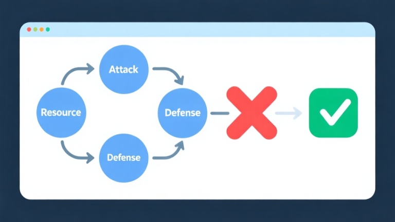 自动生成图片: Simple flowchart illustration with connected circles and arrows labeled "Resource", "Attack", "Defense", leading to a red "X" and then a green checkmark, light blue and white color scheme, clean minimal design, business presentation style high quality illustration, detailed, 16:9