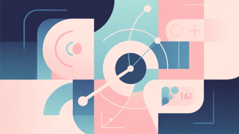 自动生成图片: Abstract geometric composition with overlapping shapes representing game mechanics like timing, trajectory, and physics, soft pastel colors, modern minimal style, professional game concept illustration high quality illustration, detailed, 16:9