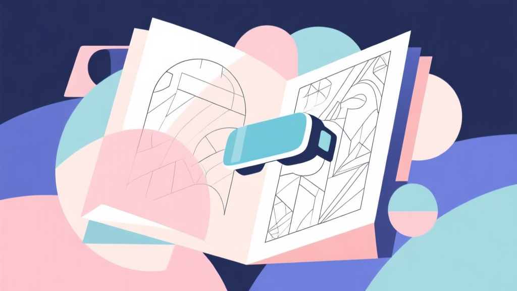 Abstract geometric composition with overlapping shapes representing a coloring book and augmented reality elements, soft pastel colors, modern minimal style, professional digital concept illustration high quality illustration, detailed, 16:9