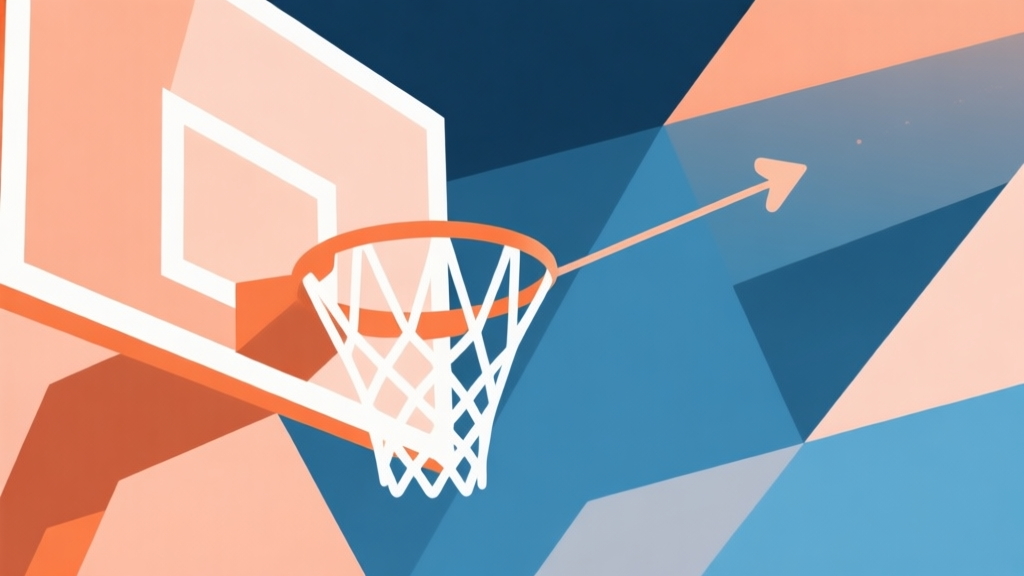 Abstract geometric composition with overlapping shapes representing a basketball net and a trajectory line, soft orange and blue pastel colors, modern minimal style, professional gaming concept illustration high quality illustration, detailed, 16:9