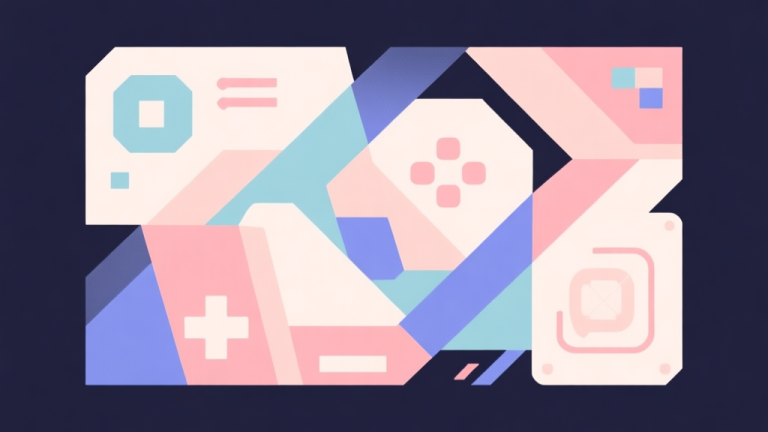 自动生成图片: Abstract geometric composition with overlapping shapes representing game mechanics, soft pastel colors, modern minimal style, professional gaming concept illustration high quality illustration, detailed, 16:9