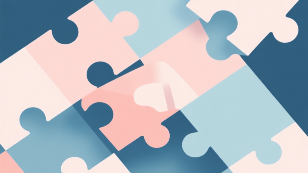 Abstract geometric composition with overlapping shapes representing puzzle pieces, soft pastel colors, modern minimal style, professional business concept illustration for problem solving high quality illustration, detailed, 16:9