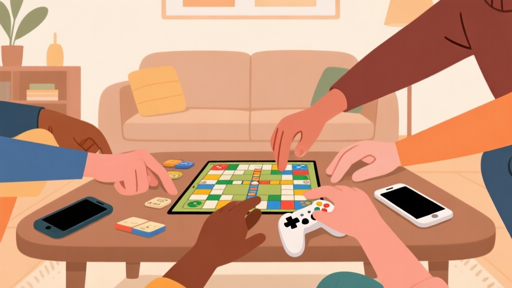 A group of diverse hands playing a board game together on a cozy living room table, with smartphones and a game controller visible, warm and inviting atmosphere, minimalist illustration style high quality illustration, detailed, 16:9