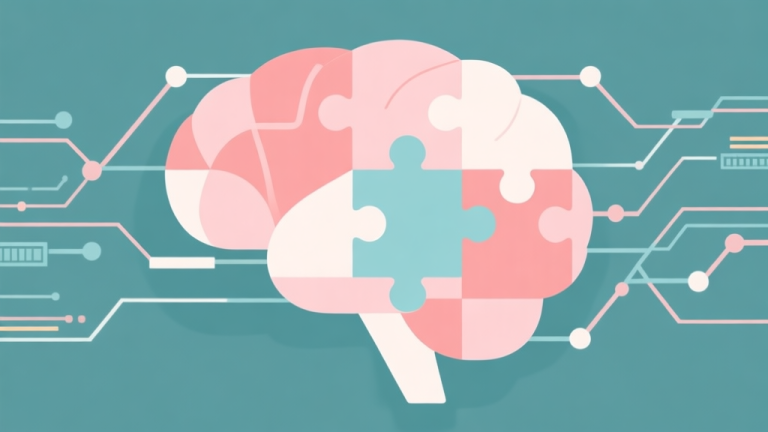 自动生成图片: Abstract geometric composition with overlapping brain shapes, puzzle pieces, and digital network lines, soft pastel colors, modern minimal style, educational technology concept high quality illustration, detailed, 16:9