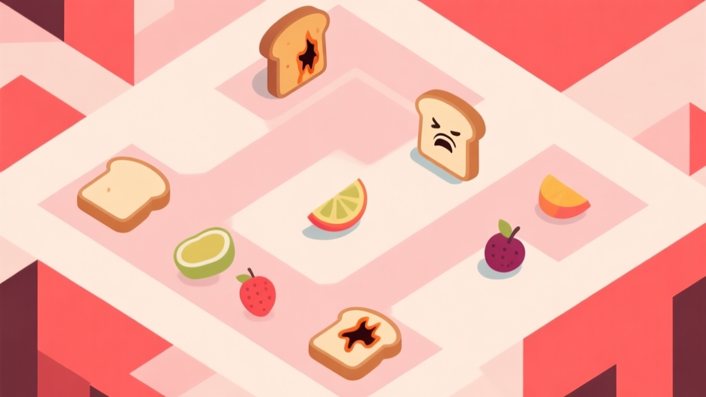 Abstract geometric composition showing a frustrating game level with burnt toast icons and missing fruit pieces, soft pastel colors with red accents, modern minimal style, professional game design concept illustration high quality illustration, detailed, 16:9