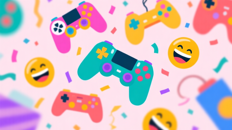 自动生成图片: A vibrant, chaotic scene of abstract colorful game controllers and laughing emoticons floating together, soft pastel background, fun and energetic party atmosphere, minimalist flat design high quality illustration, detailed, 16:9