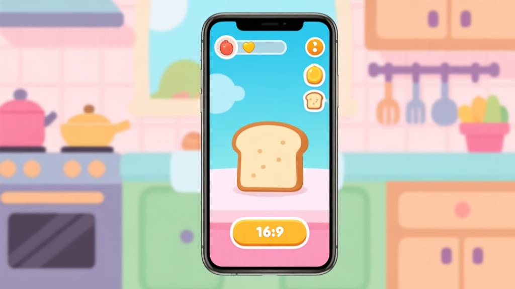 A minimalist smartphone screen showing a vibrant, cartoonish kitchen game interface with a piece of toast, clean flat design, soft pastel colors, inviting and playful mood high quality illustration, detailed, 16:9