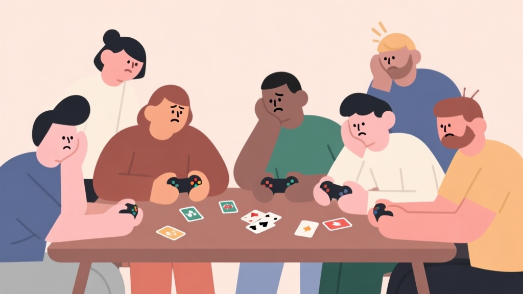 A group of diverse minimalist figures gathered around a table with game controllers and cards, looking confused and bored, in a flat design style with soft muted colors high quality illustration, detailed, 16:9