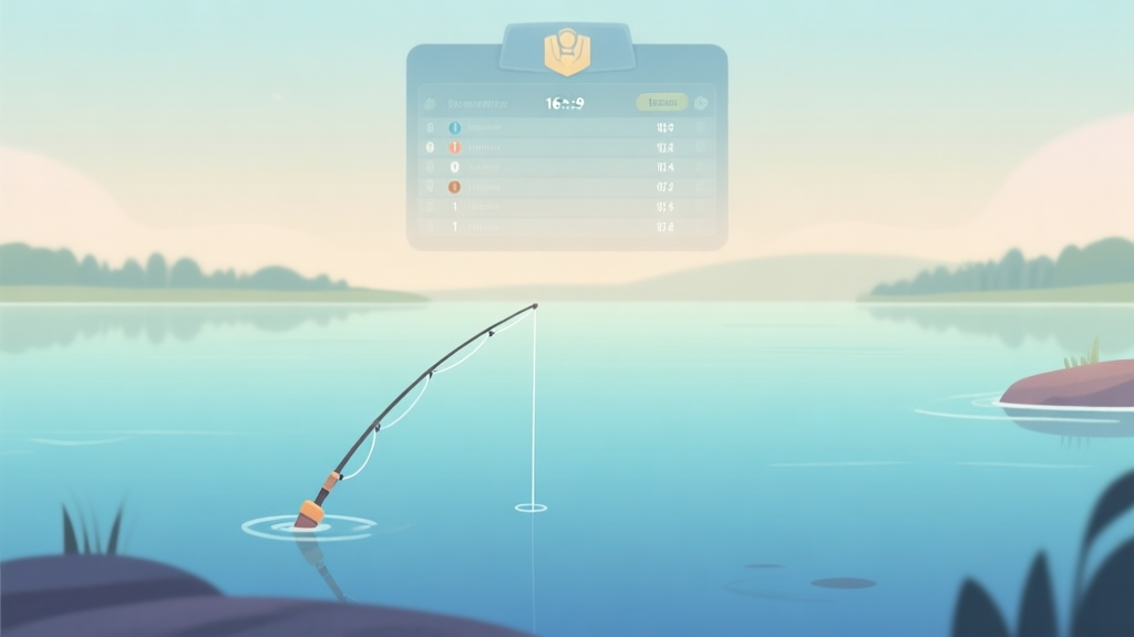 A serene digital lake scene with a simple fishing line cast into the water, transitioning to a subtle competitive leaderboard in the background, soft gradient colors, clean game UI illustration, minimalist style high quality illustration, detailed, 16:9