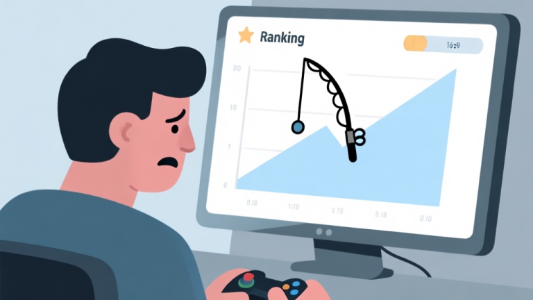 自动生成图片: A frustrated gamer looking at a stagnant ranking graph on a screen, with a fishing rod icon stuck in the middle, minimalist flat design, soft blue and grey color palette high quality illustration, detailed, 16:9