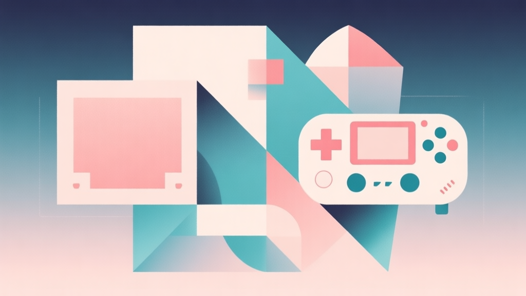 Abstract geometric composition with overlapping shapes representing old and new game versions, soft pastel colors, modern minimal style, professional comparison concept illustration high quality illustration, detailed, 16:9