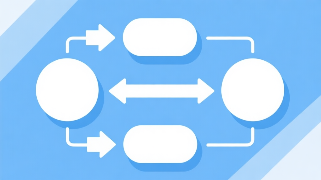 Simple flowchart illustration with connected circles and arrows, light blue and white color scheme, clean minimal design, business presentation style high quality illustration, detailed, 16:9
