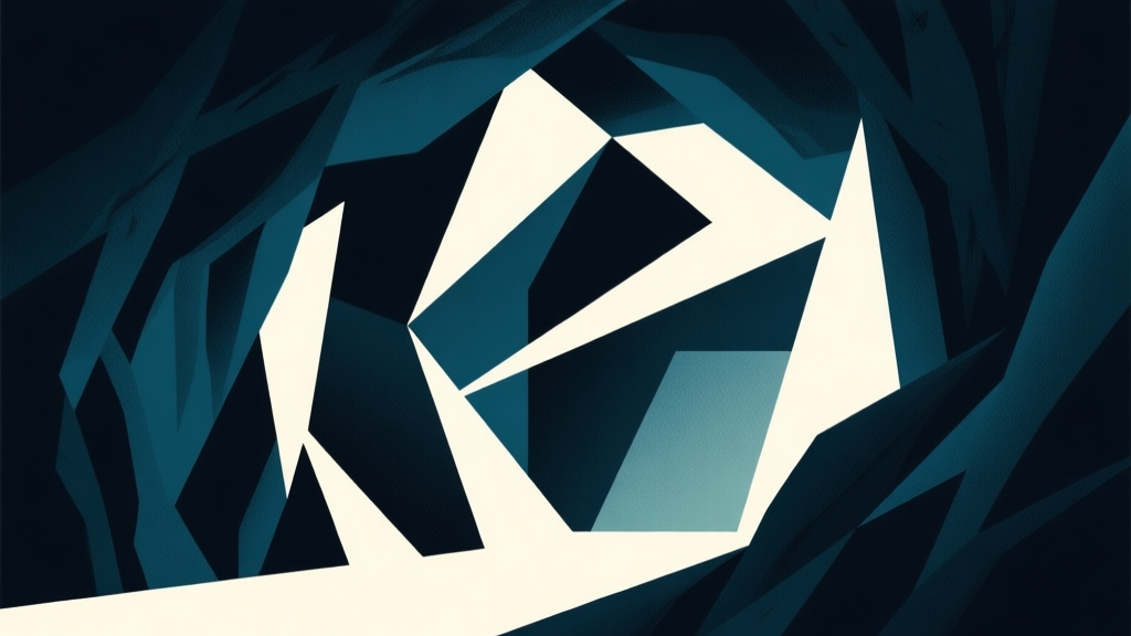 Abstract geometric composition representing chaos and order, dark and light overlapping shapes, deep cave colors with sudden bright highlights, tense and dynamic minimal style high quality illustration, detailed, 16:9
