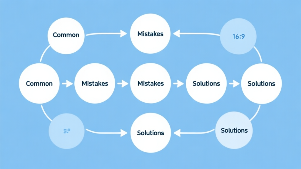 Simple flowchart illustration with connected circles and arrows representing common mistakes and solutions, light blue and white color scheme, clean minimal design, business presentation style high quality illustration, detailed, 16:9
