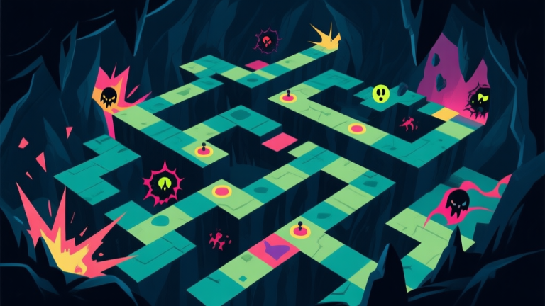 自动生成图片: Abstract illustration of a chaotic yet organized game level, showing overlapping paths, surprise enemy spawn points, and falling hazards in a cave setting, using a dark color palette with vibrant action highlights, clean digital art style high quality illustration, detailed, 16:9