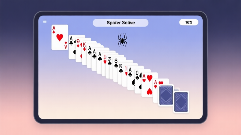 自动生成图片: A clean, minimalist illustration of a digital Spider Solitaire game layout on a screen, showing cascading columns of cards with some face-up and some face-down, on a soft gradient background, professional and clear visual style high quality illustration, detailed, 16:9