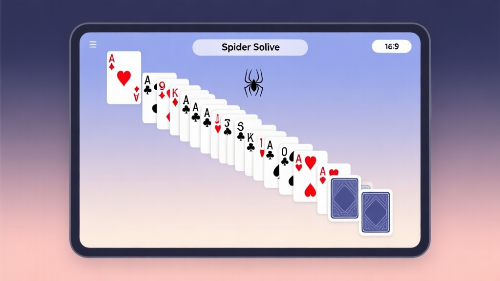 A clean, minimalist illustration of a digital Spider Solitaire game layout on a screen, showing cascading columns of cards with some face-up and some face-down, on a soft gradient background, professional and clear visual style high quality illustration, detailed, 16:9