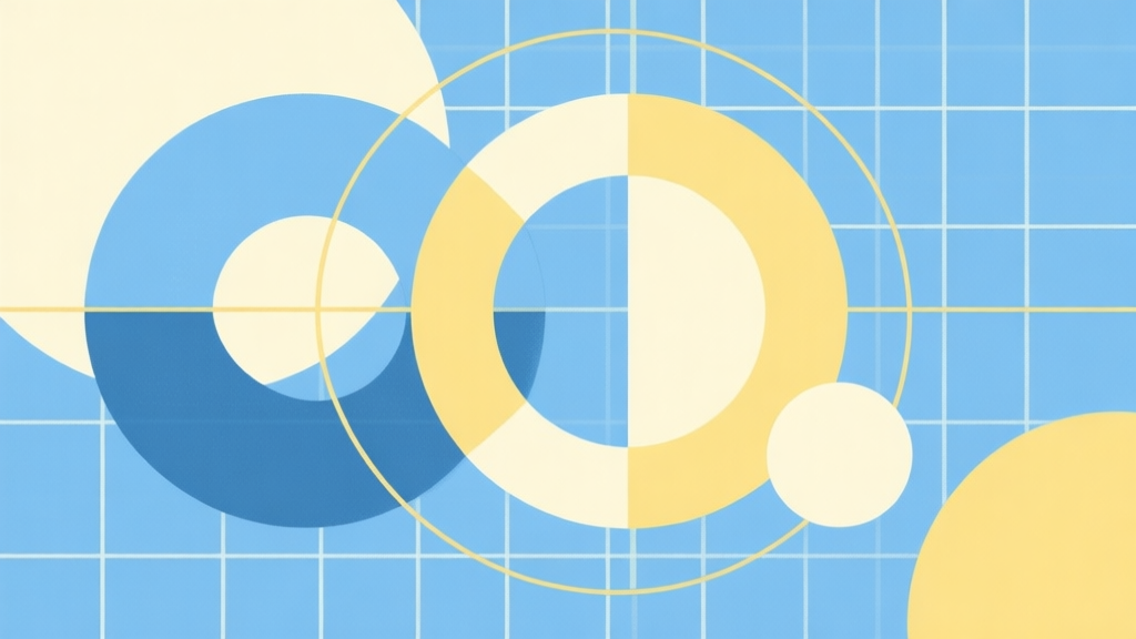 Abstract geometric composition with overlapping circles and lines on a grid, soft blue and yellow color scheme, modern minimal style, representing strategic game thinking high quality illustration, detailed, 16:9