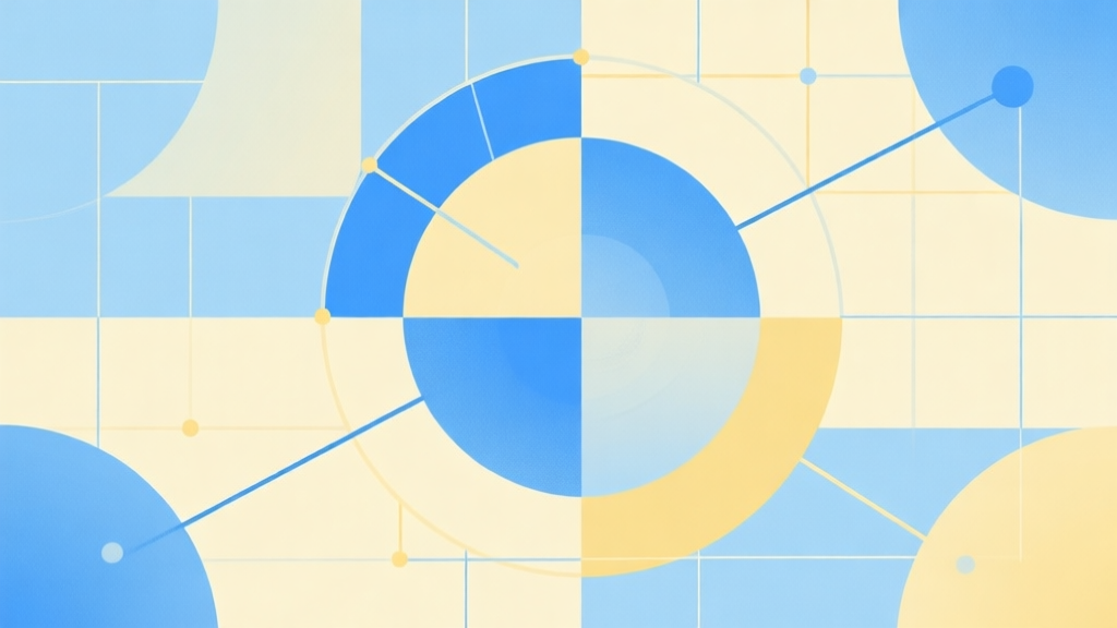 Abstract geometric composition with overlapping circles and lines forming a grid, soft blue and yellow pastel colors, modern minimal style, professional concept illustration of connection and strategy high quality illustration, detailed, 16:9