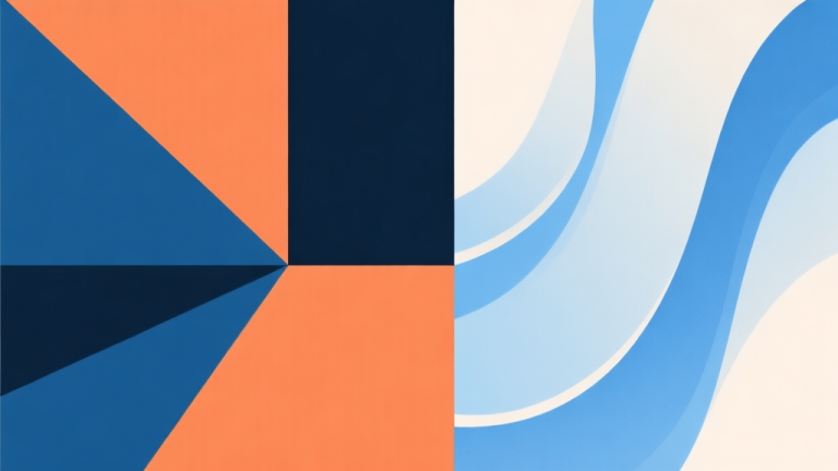自动生成图片: Abstract geometric composition with two contrasting halves, one with solid sharp shapes and the other with fluid curved lines, soft blue and orange color scheme, modern minimal style, professional duality concept illustration high quality illustration, detailed, 16:9