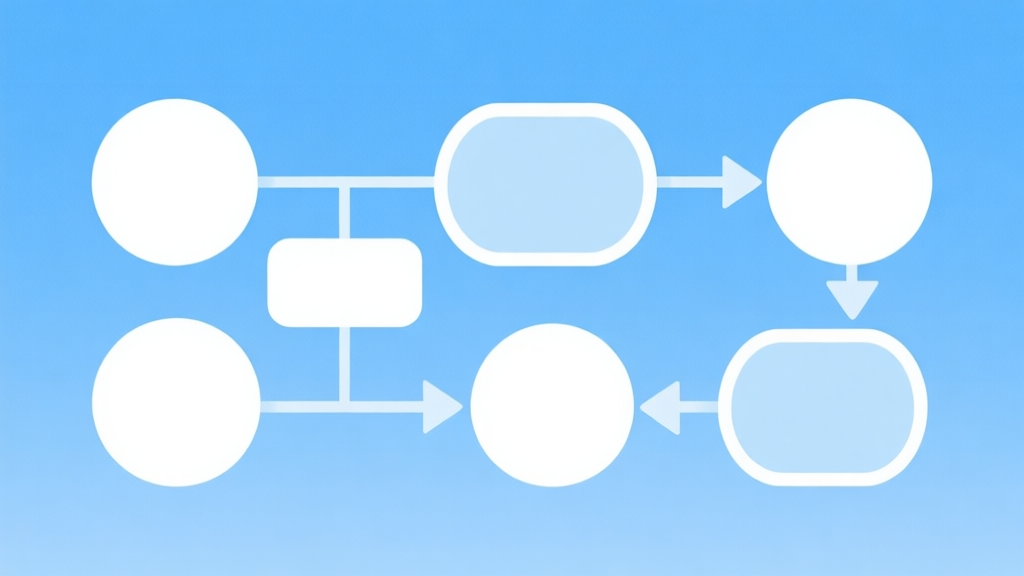 Simple flowchart illustration with connected circles and arrows, light blue and white color scheme, clean minimal design, business presentation style high quality illustration, detailed, 16:9